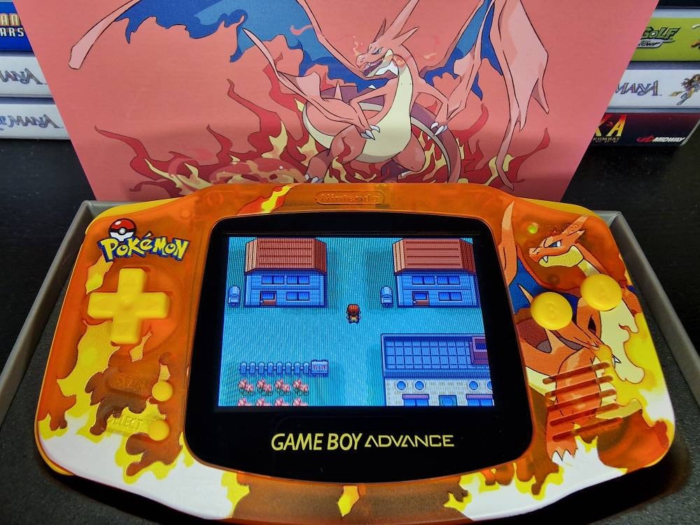 Nintendo Gameboy Advance Charizard Shell, FunnyPlaying Ips / Ags 101 backlit Screen. GBA.