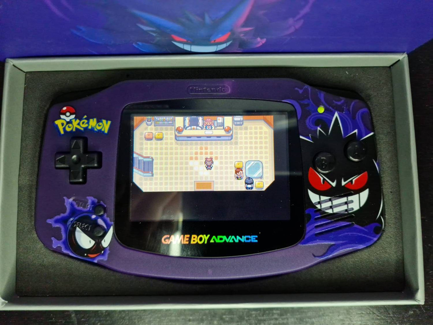 Nintendo Gameboy Advance Gengar, Gastley Haunter Shell, Funnyplaying Laminated IPS / ags 101 backlit Screen. GBA.