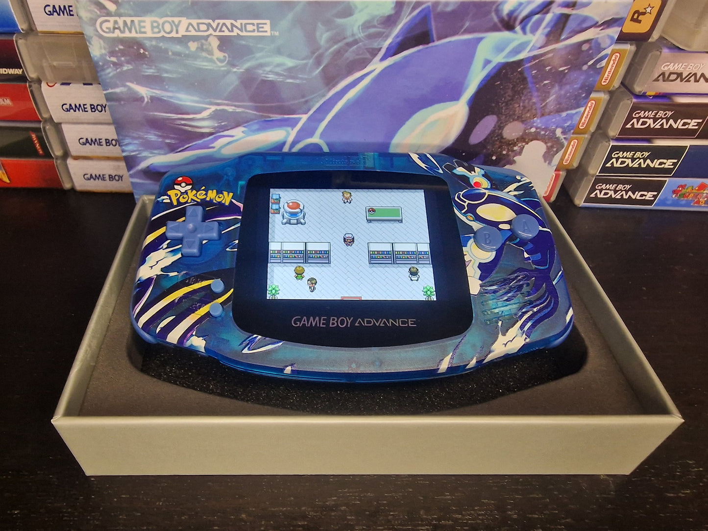 Nintendo Gameboy Advance Kyogre Shell, Funnyplaying Laminated IPS / AGS 101 backlit Screen. GBA.