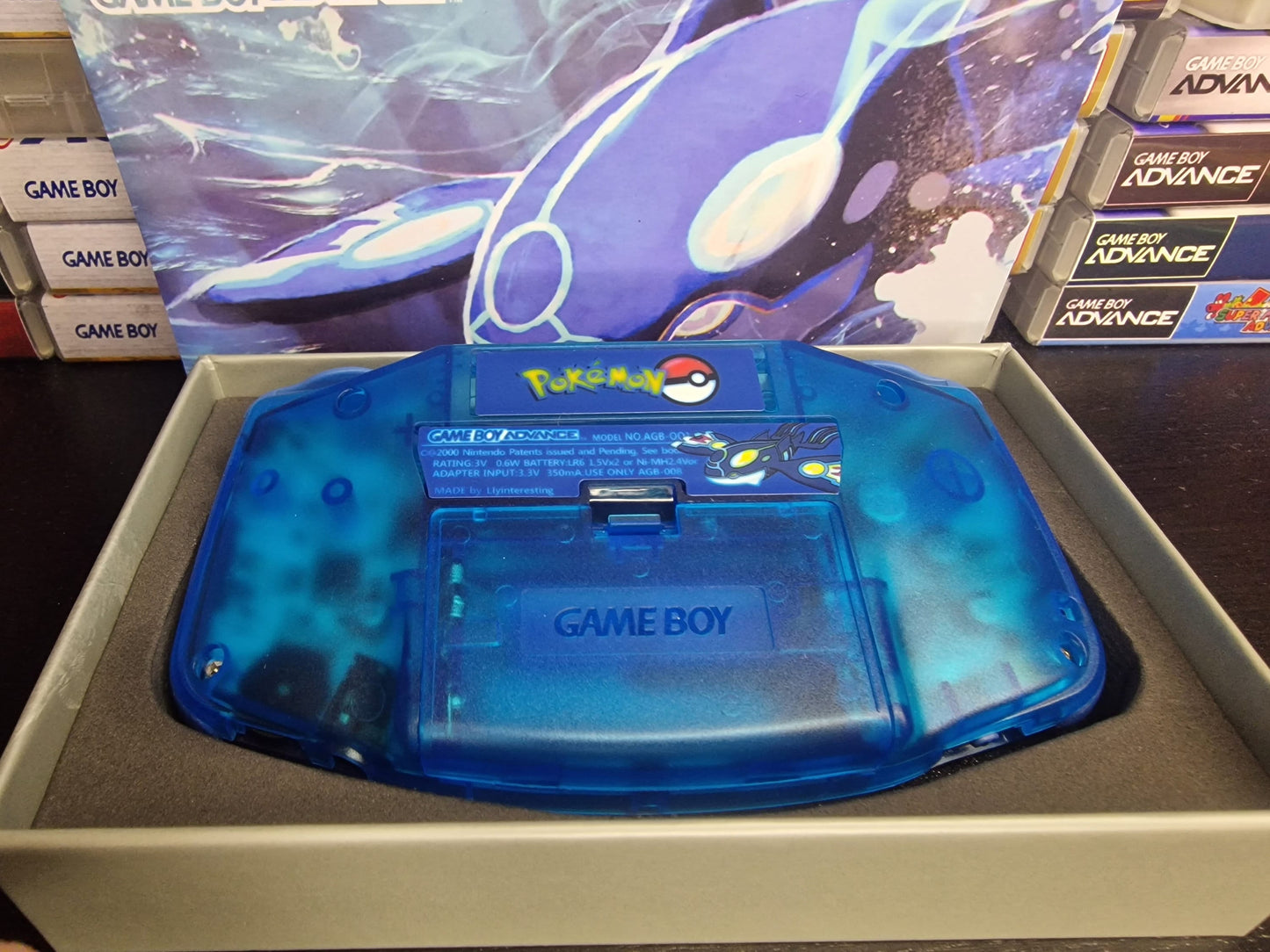 Nintendo Gameboy Advance Kyogre Shell, Funnyplaying Laminated IPS / AGS 101 backlit Screen. GBA.